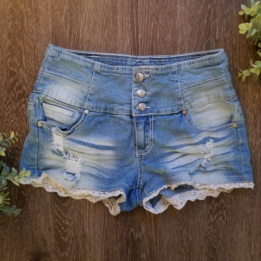 Almost Famous Ripped Lace Jean Shorts